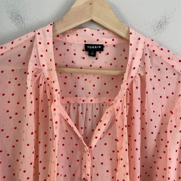 Torrid Womens Plus 2X Pink Polka Dot Tie Neck Blouse Long Sleeve Shirt Top - Picture 7 of 10
